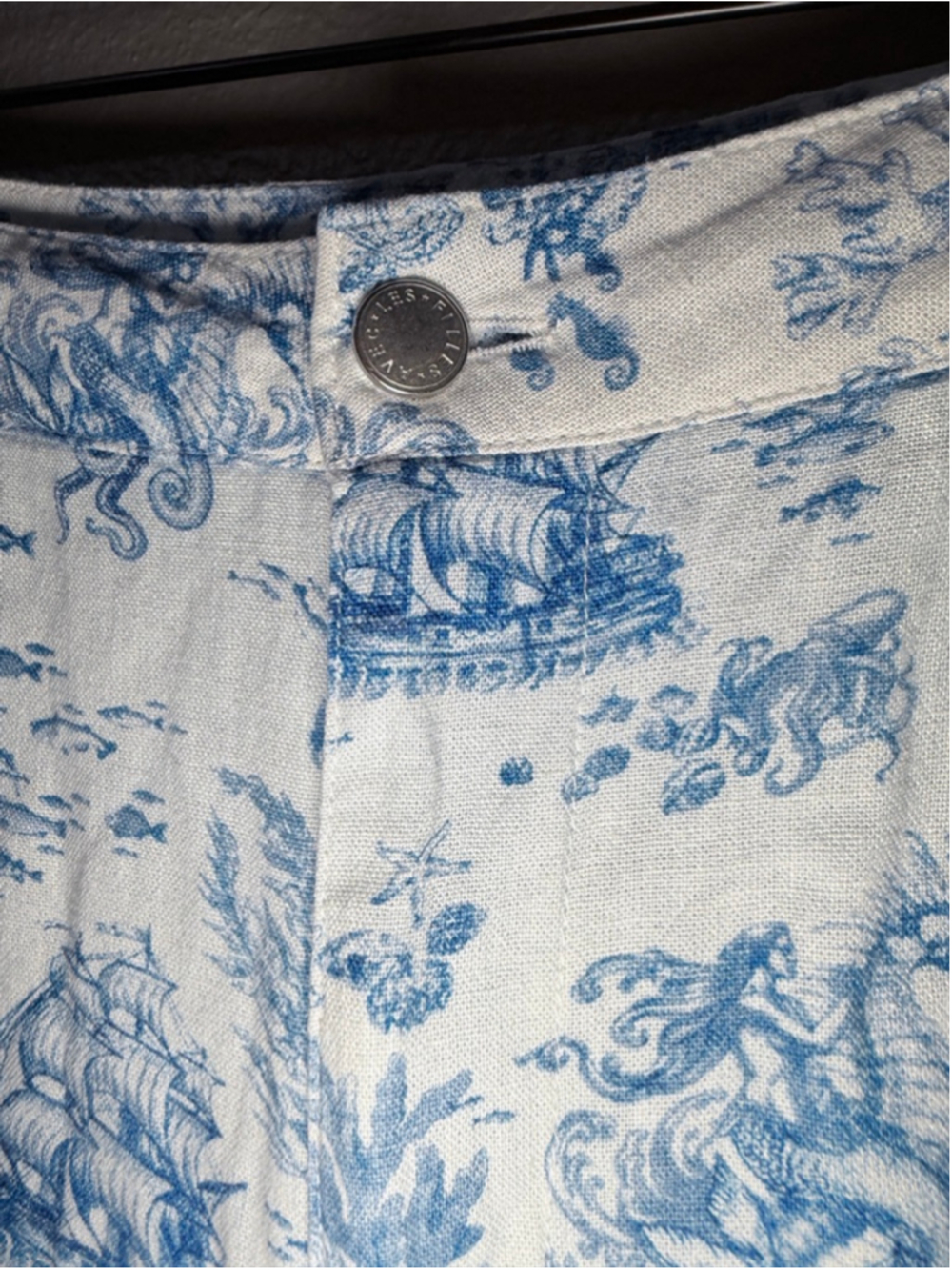 Avec Les Filles linen blend White Blue Toile Print Wide Leg Cargo Pants M - Picture 4 of 8